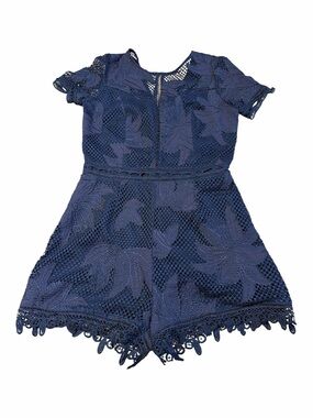 Adelyn Rae Navy Lace Romper Floral Crochet Short Sleeve Size M